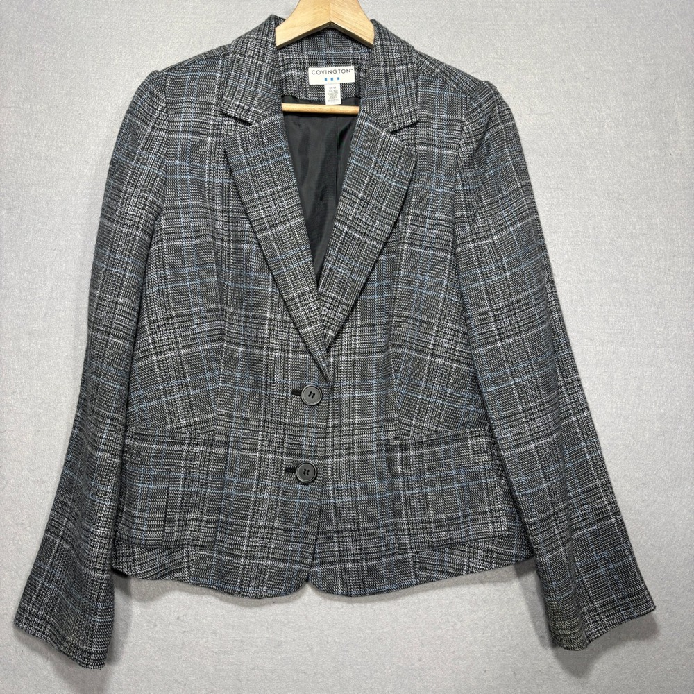 Covington Womens Wool Blend Plaid Blazer Jacket M 10 12 Gray Blue Classic Career